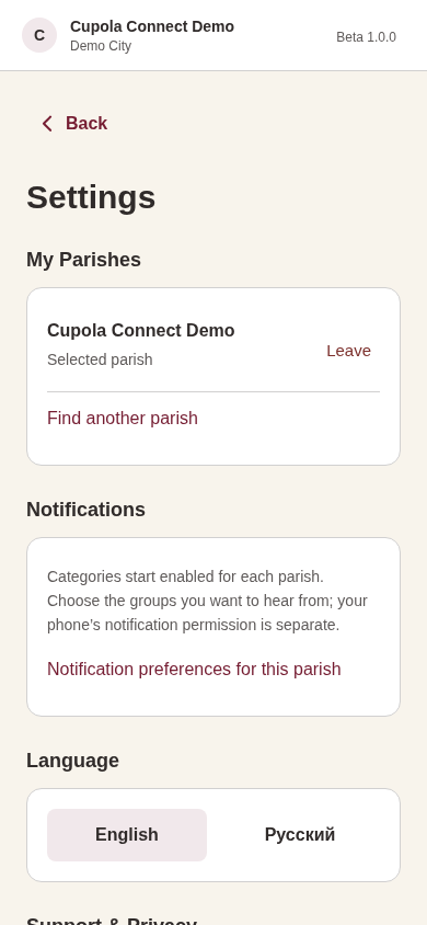 Parish and notification settings